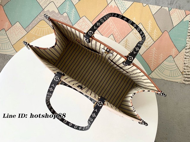 路易威登LV女包 M44576白咖拼豹紋 Onthego手袋 LV新款大號手提購物包 咖色大字絲印媽咪袋購物袋 xxlv1760